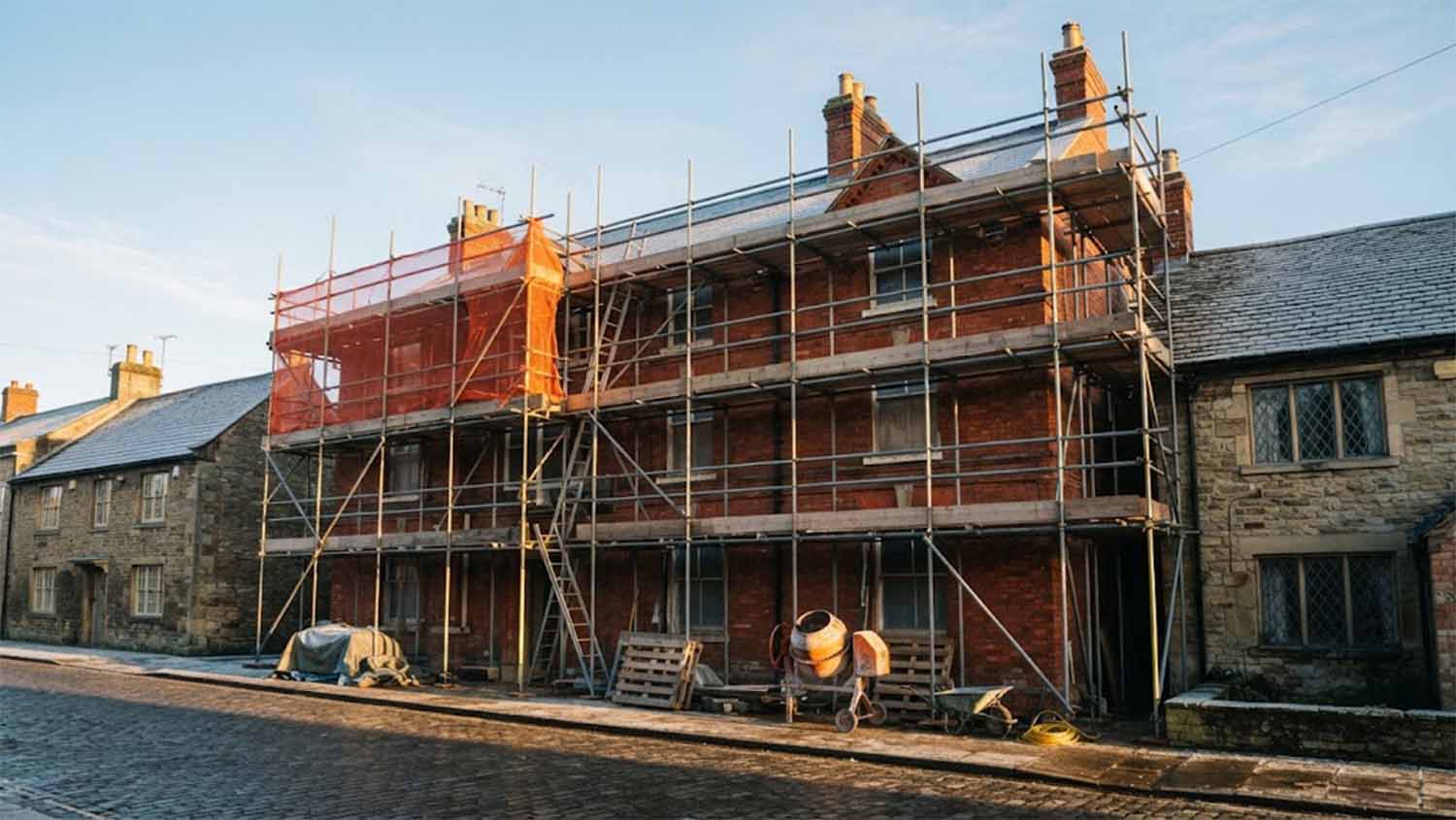 Steel tube scaffolding with wooden boards, ladders and orange safety netting around a three-storey red brick house between two stone cottages, with a cement mixer, a wheelbarrow, pallets and a covered pile on a cobbled street in low morning sun