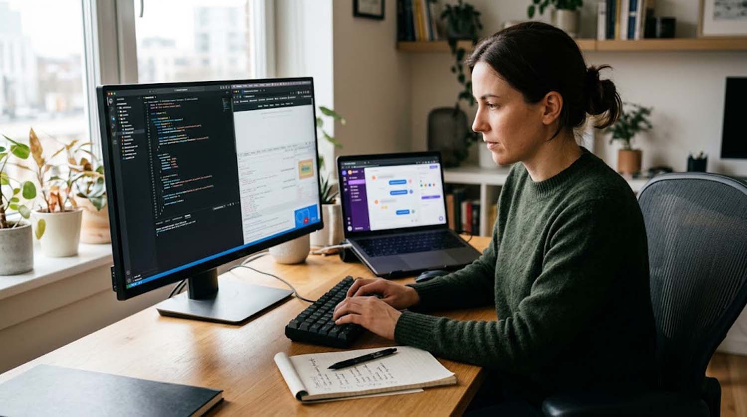 A developer in a dark green sweater types at a wooden desk, reviewing code and browser developer tools on a large monitor beside a laptop showing a chat-style app builder, with a handwritten checklist on a notepad