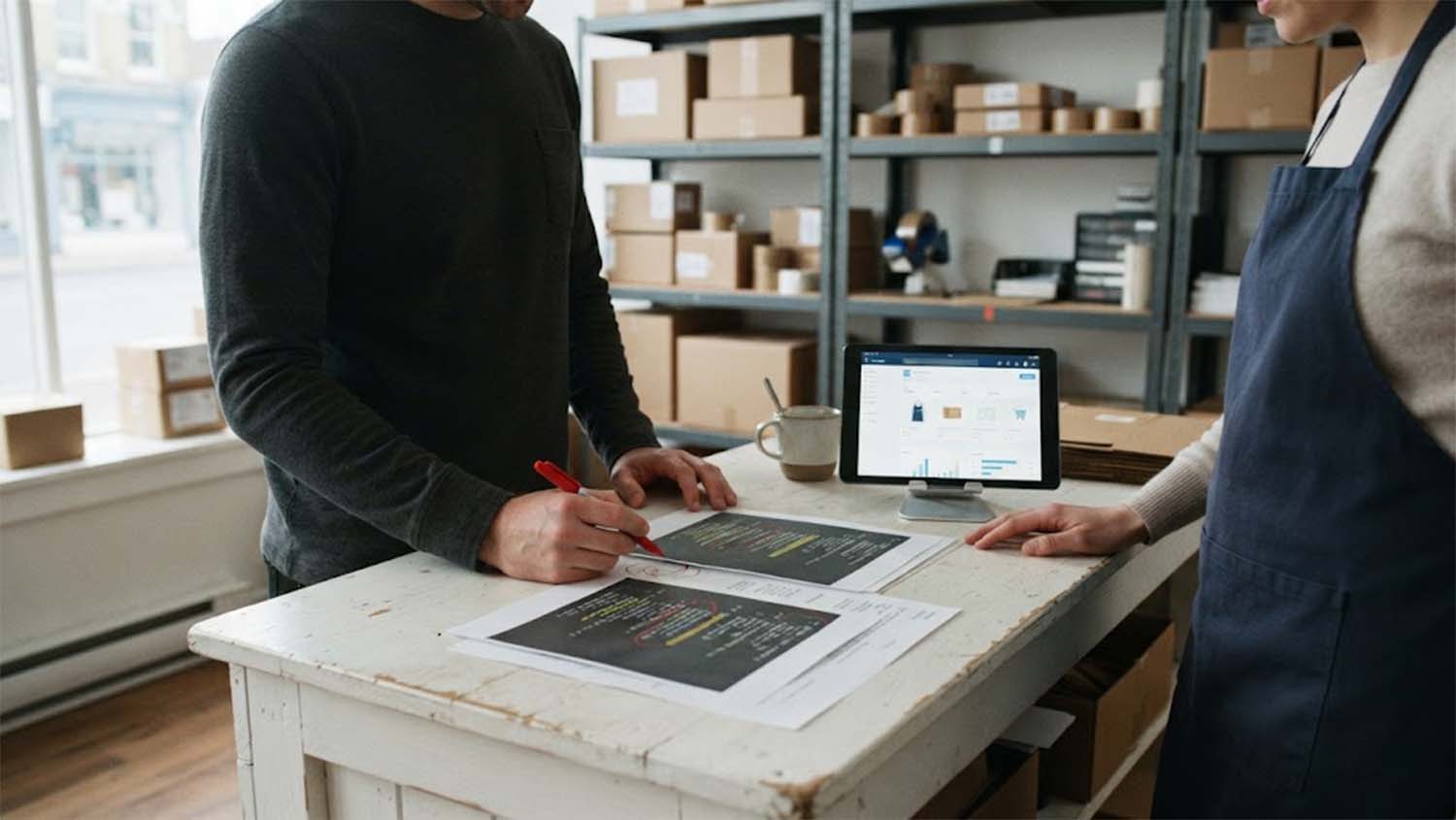 Two people stand at a white stockroom counter in a small shop, one marking up printed pages of code with a red pen while the other rests a hand beside a tablet showing an online store dashboard, with shelves of shipping boxes behind them