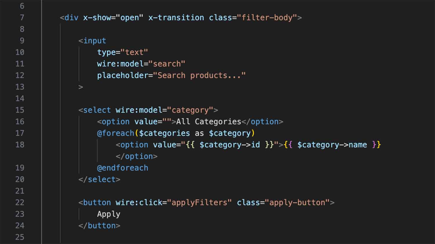 VS Code showing a Laravel Blade template with Alpine.js directives and Livewire wire:model attributes in a product filter panel component