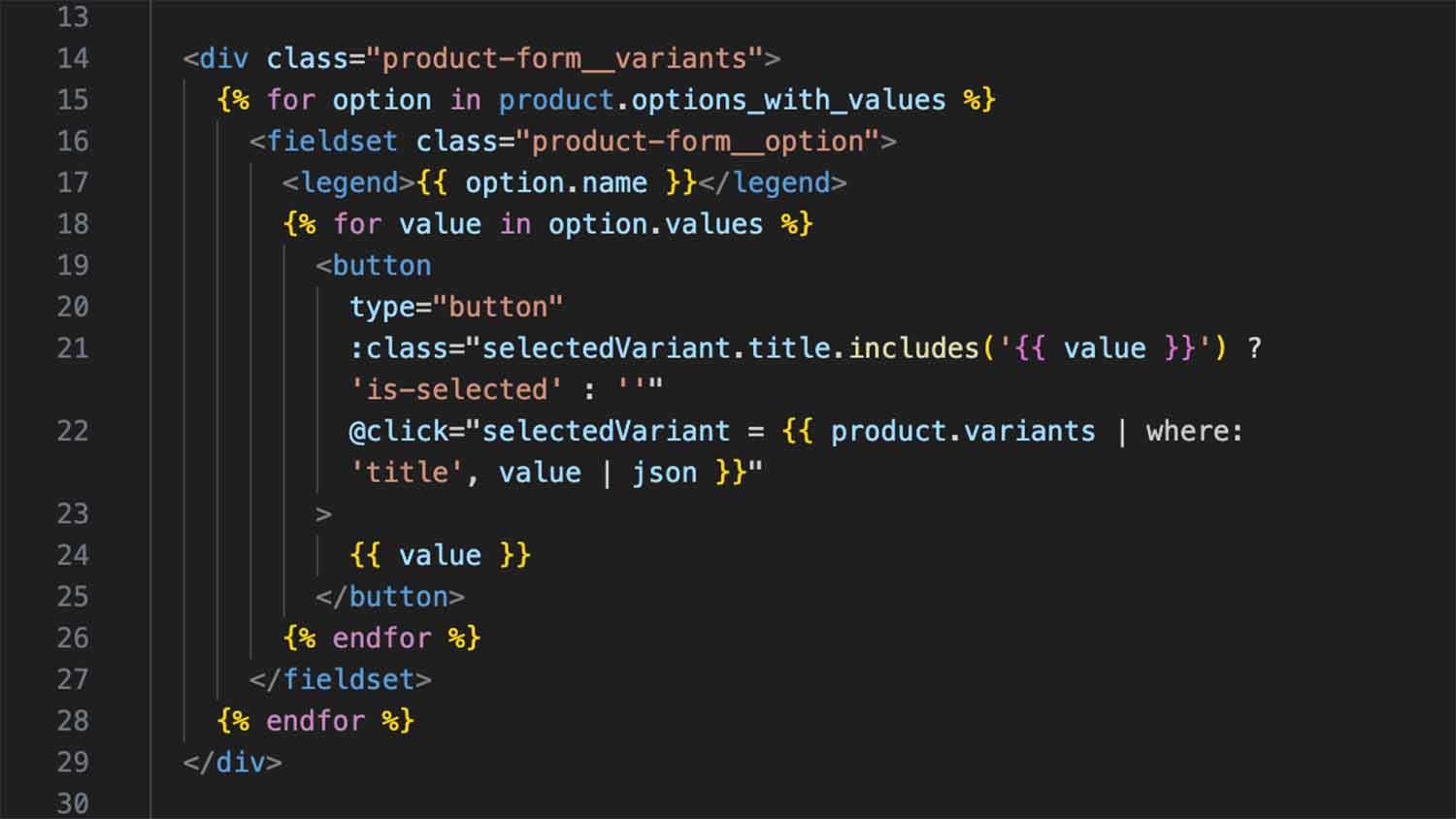 VS Code showing Alpine.js directives and Liquid template tags syntax-highlighted together in a Shopify section file