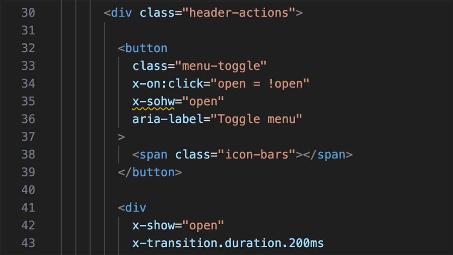 VS Code editor showing Alpine.js Tools flagging a typo, 'x-sohw' instead of 'x-show', with a yellow diagnostic underline