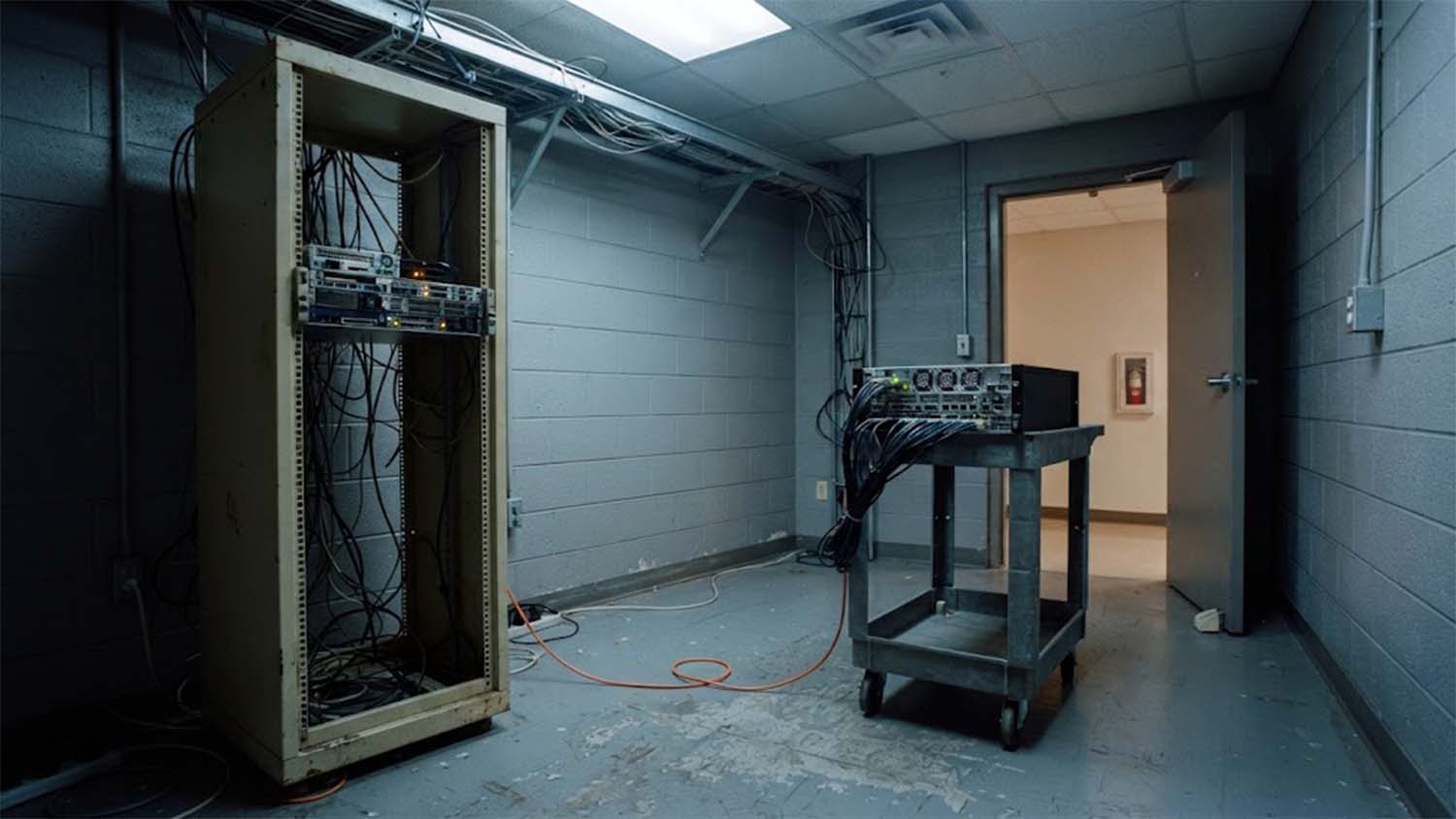 A nearly empty beige server rack with loose cables in a cinder block server closet, next to a newer server on a grey rolling cart near an open door, under cool fluorescent light