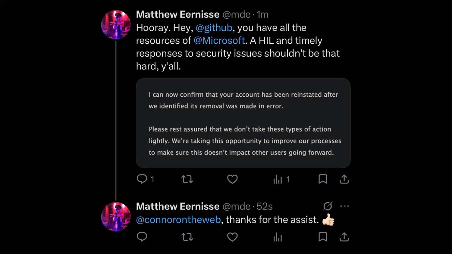 X posts from EJS maintainer Matthew Eernisse showing npm's confirmation that his account was reinstated after being removed in error