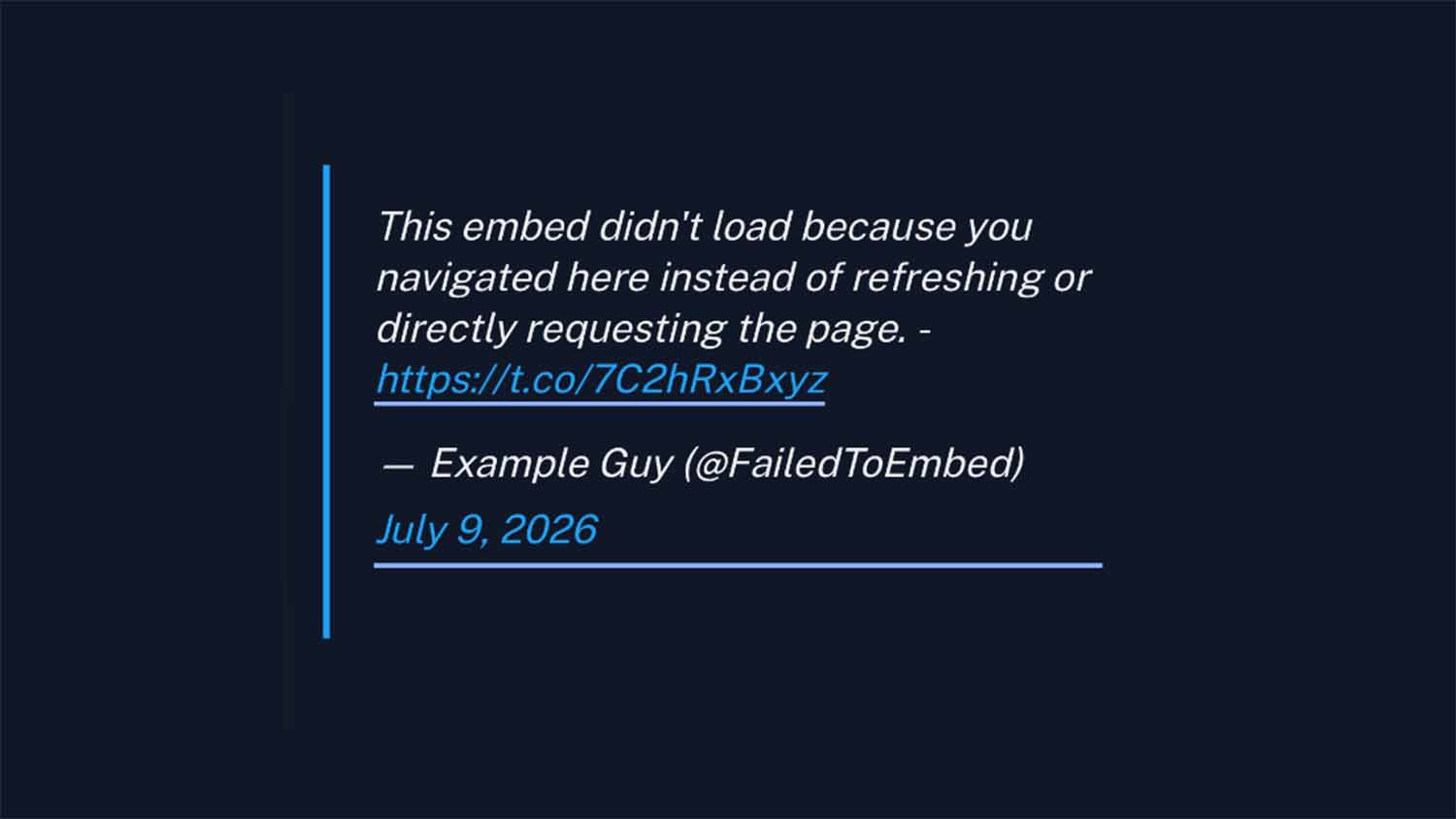 Mock X post embed showing the raw fallback blockquote text that displays when the embed script fails to execute after a Next.js client-side navigation
