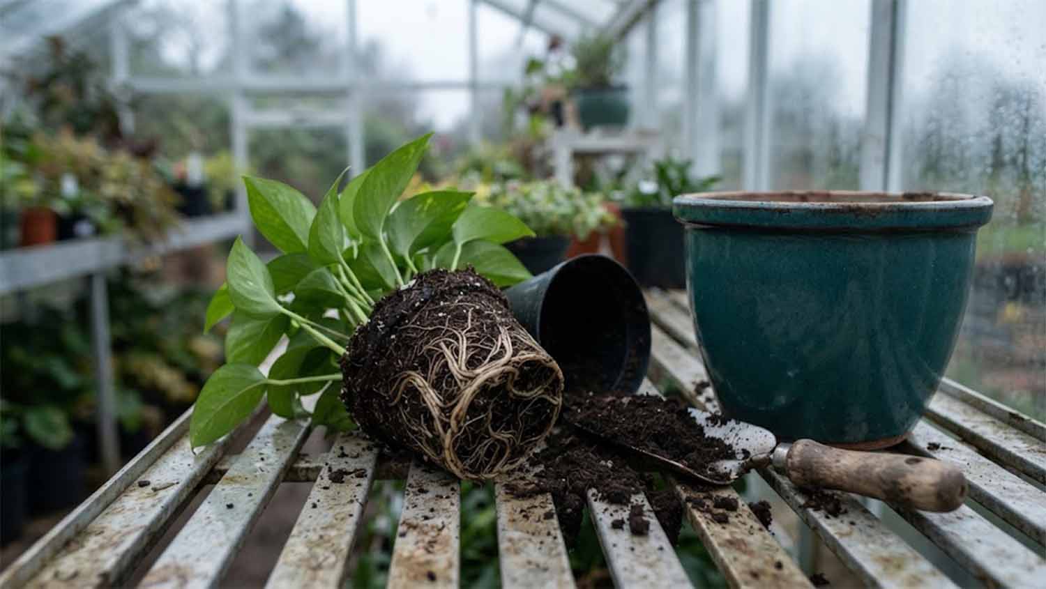 A root-bound houseplant lifted out of a small black nursery pot on a slatted metal greenhouse bench, its roots still holding the pot's shape, beside a larger empty teal glazed pot, loose potting soil and a wooden-handled trowel, with rain-speckled glass and shelves of plants behind