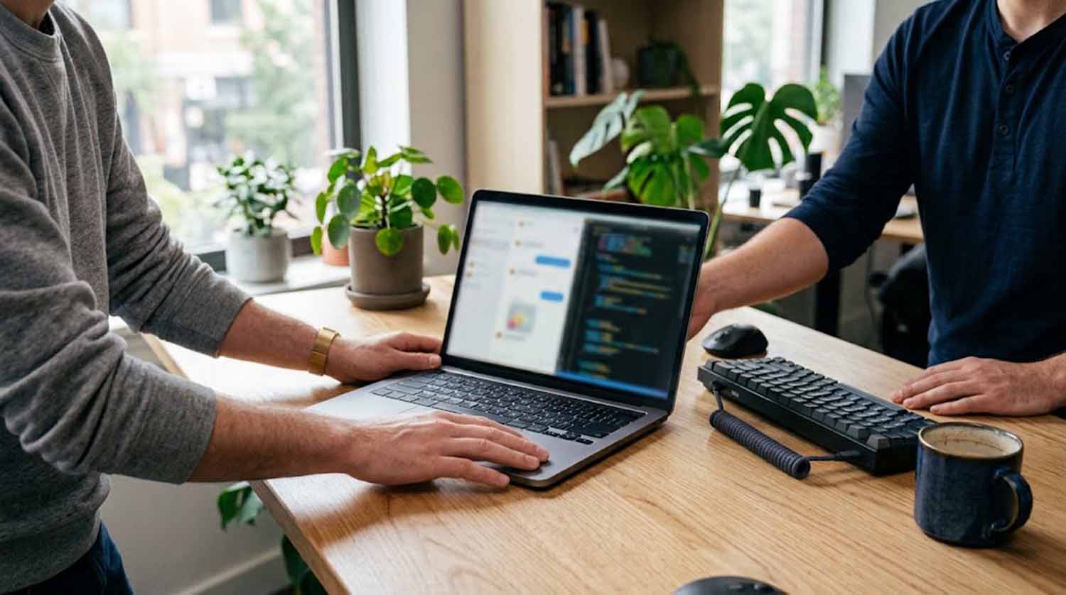A person in a gray sweater slides a laptop showing a chat-style app builder and a dark code editor across a wooden desk toward a person in a navy henley
