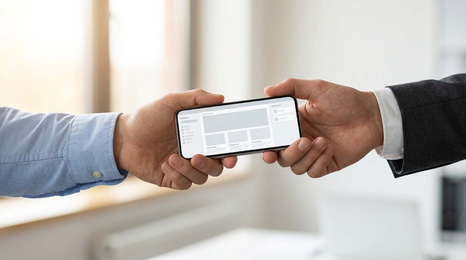 Two hands passing a smartphone that shows a website editor, from a person in a rolled-up blue oxford shirt to a person in a charcoal suit