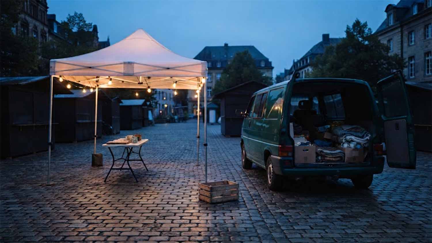 A white rented market canopy strung with warm lights over a folding table on wet cobblestones at dusk, an empty wooden crate beside it, and a dark green van with its rear doors open, loaded with boxes and folded blankets, among closed wooden market huts and old stone buildings
