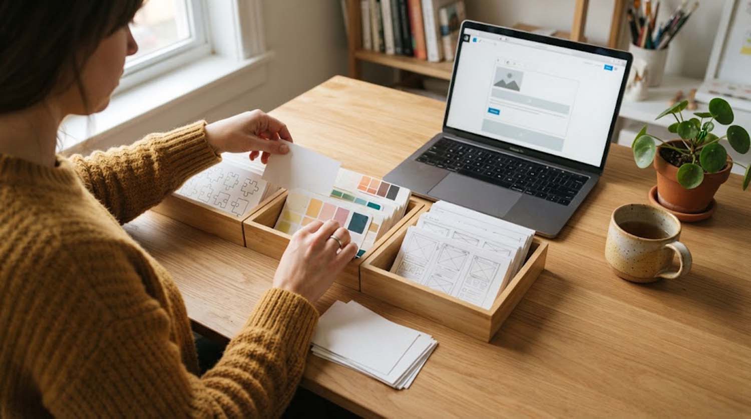A person in a mustard-yellow sweater sorts cards into three wooden trays on a desk, one holding puzzle-piece sketches, one paint swatches and one web page wireframes, beside a laptop showing a website block editor